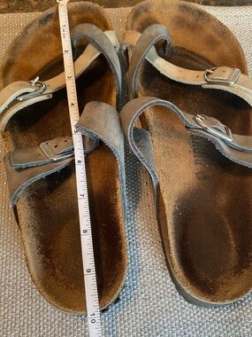 Birkenstock Gray and Cream Colored Leather Slide Sandal with Black Sole